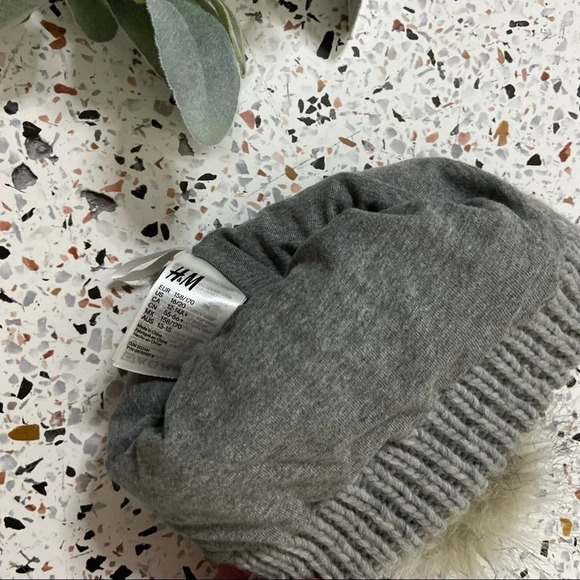 H&M Cable Knit Beanie Cotton Hat Pom Pom Faux Fur Grey Hat Rib-knit Winter Fall - Picture 7 of 10